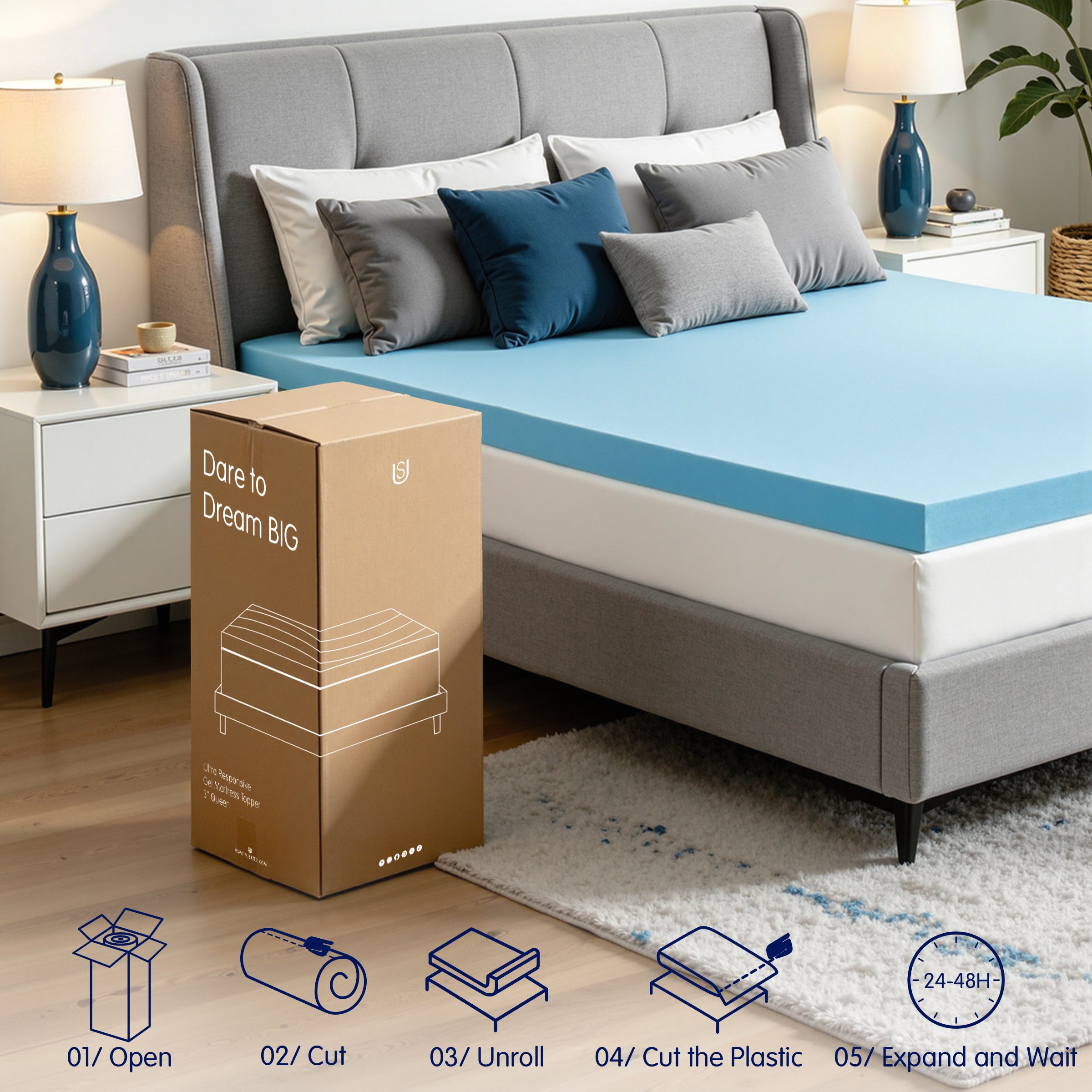 Mattress Topper, 2, 3, or 4 Inch Gel Infused Memory Foam Bed Topper, CertiPUR-US Certified