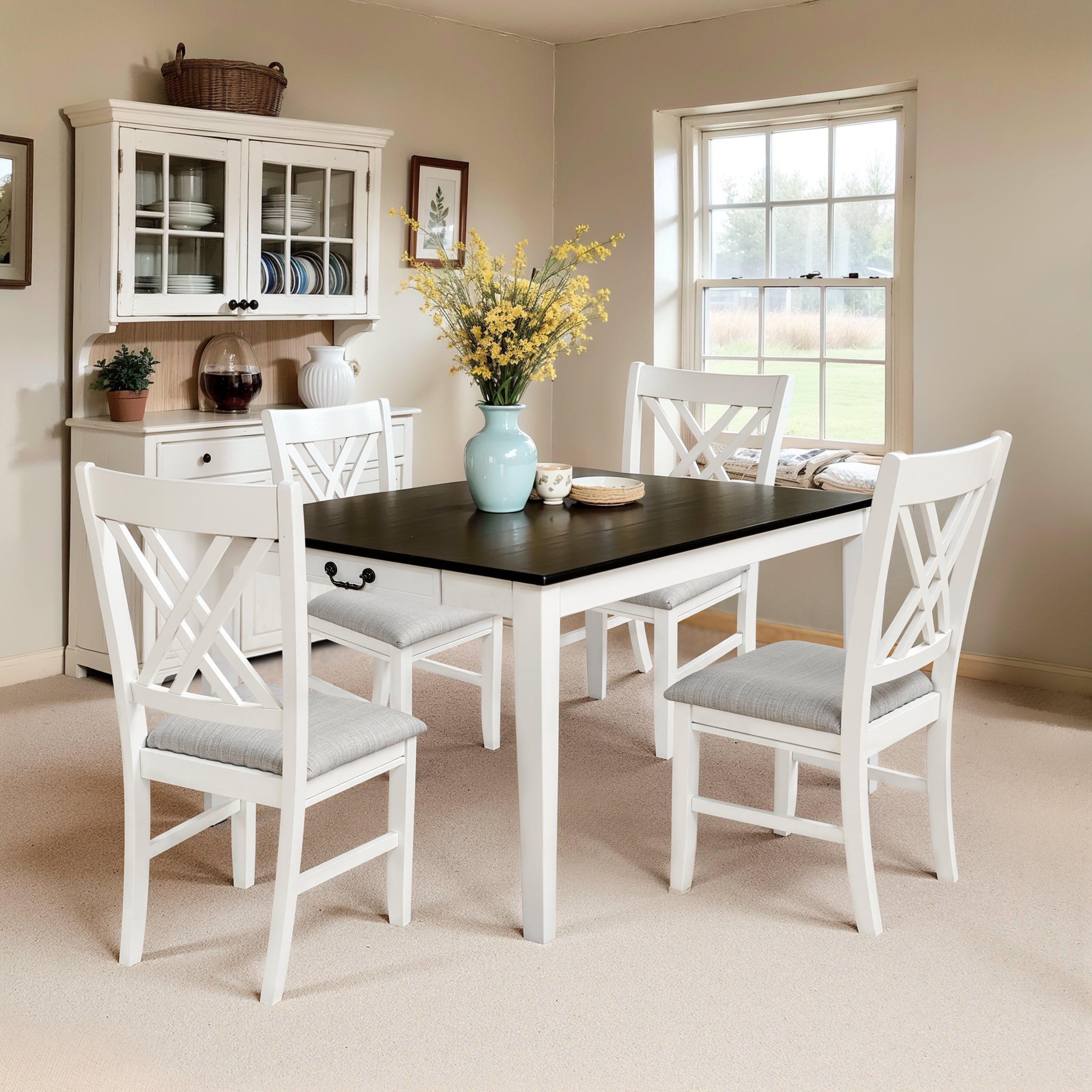 Subrtex Solid Wood Dining Table With Drawer, Seat for  4-6 People