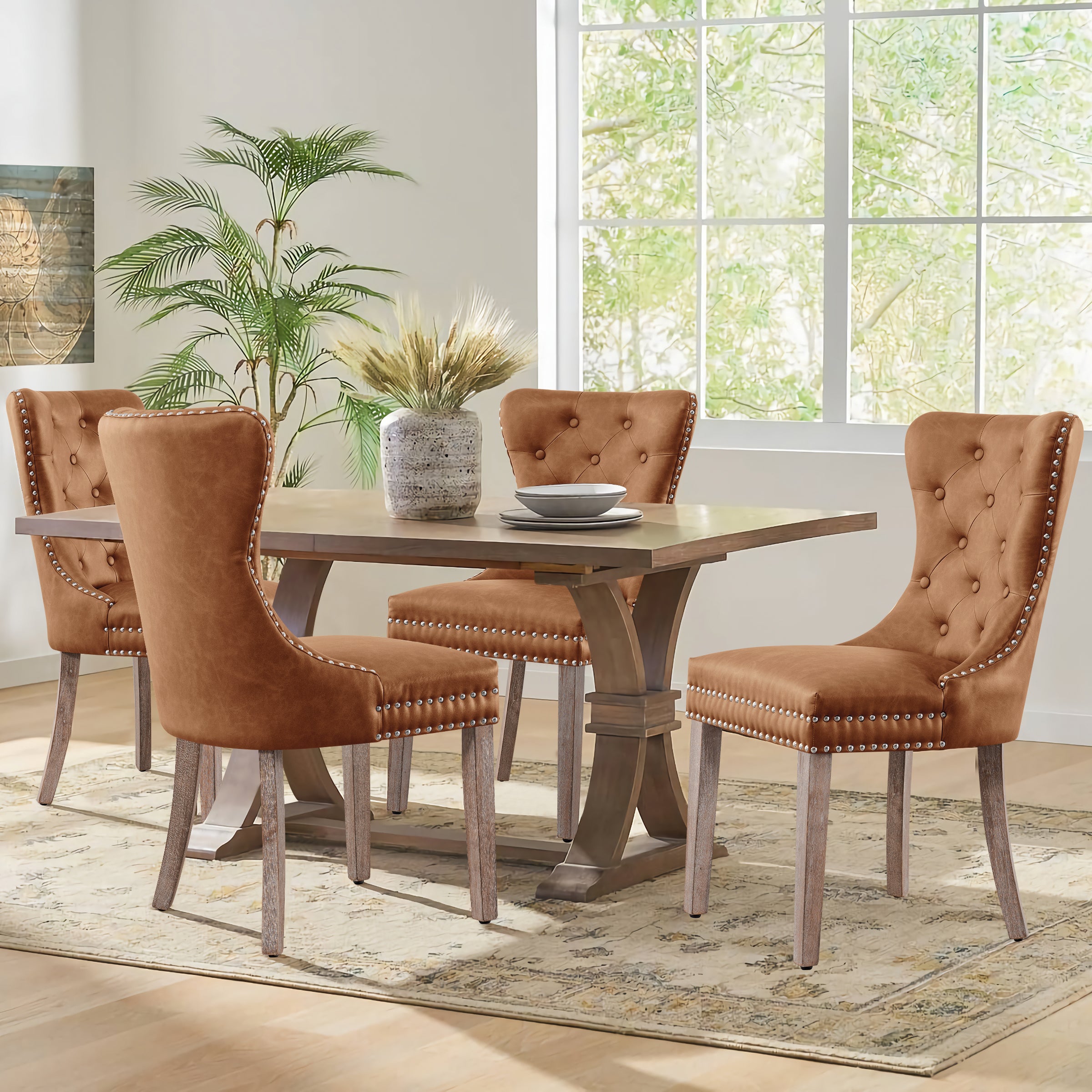 2pk Button-Tufted Nailhead PU Dining Chairs