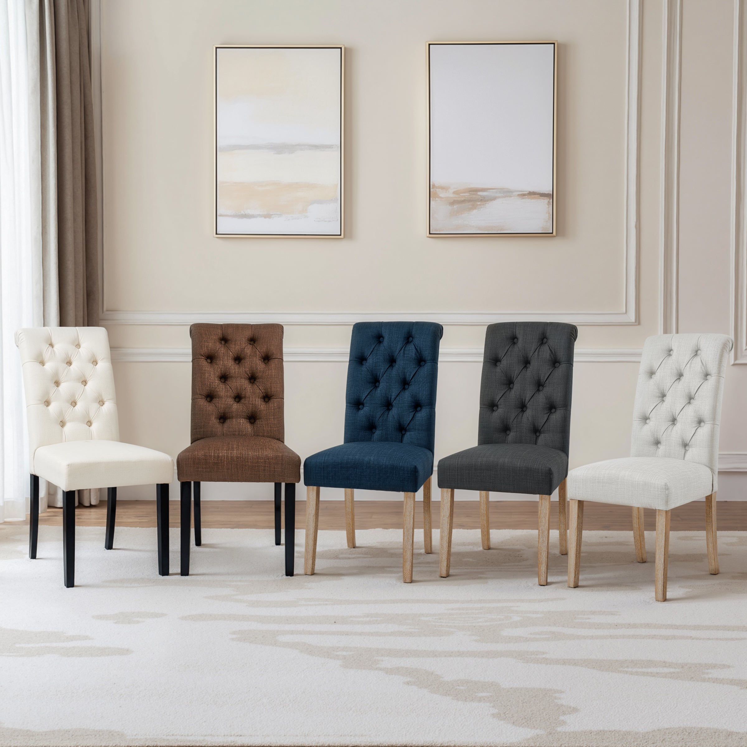 2pk Button-Tufted Linen Parsons Dining Chairs