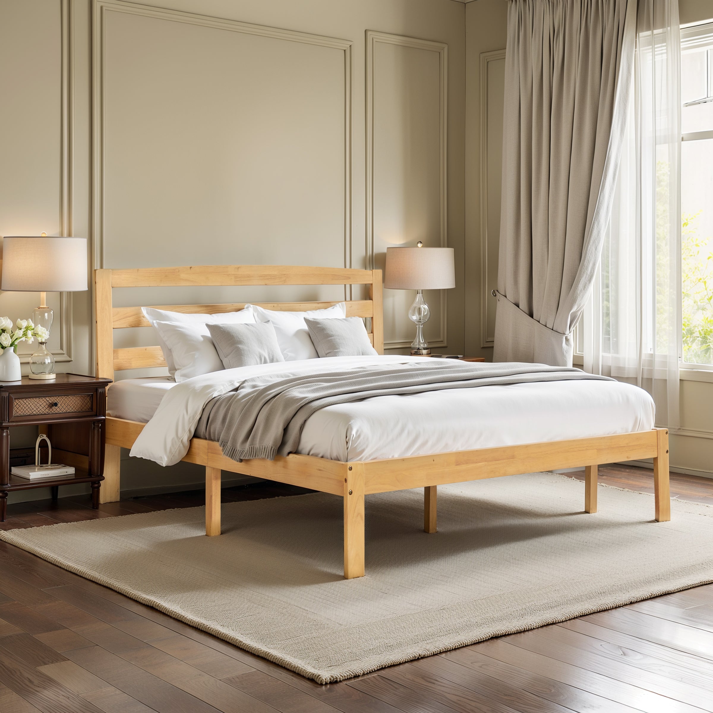Subrtex 12" Minimalist Solid Wooden Platform Backrest Bed Frame with Headboard