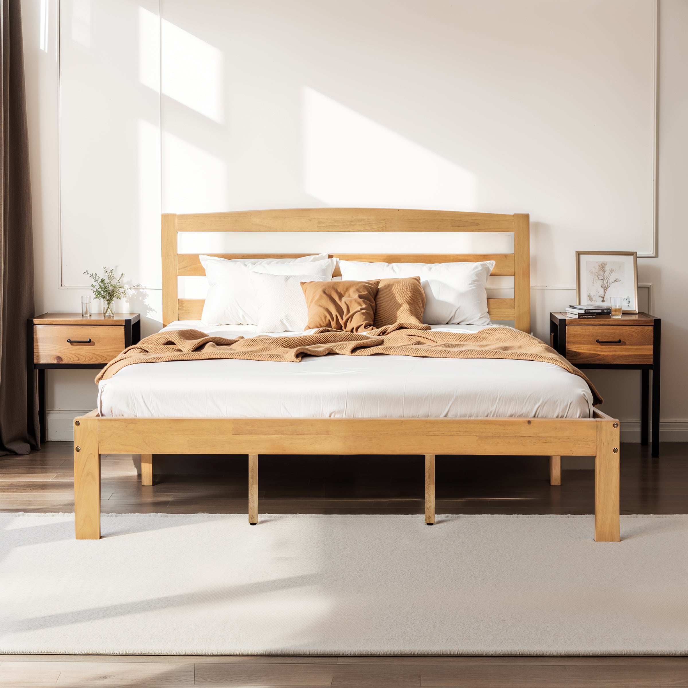 Subrtex 12" Minimalist Solid Wooden Platform Backrest Bed Frame with Headboard