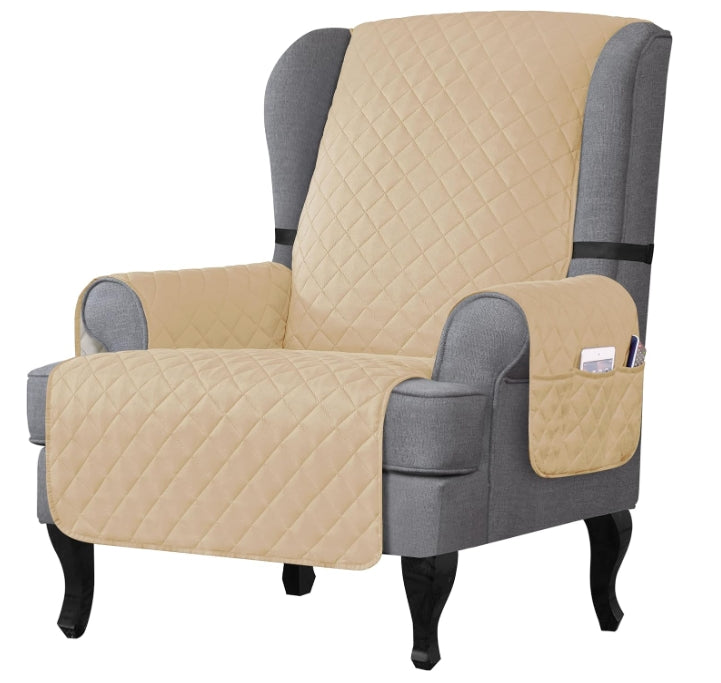 Slipcover-Wingback Armchair Slipcover, Reversible Quilted Furniture Protector with Pockets Elastic Straps Washable, for Living Room Bedroom for Kids Pets