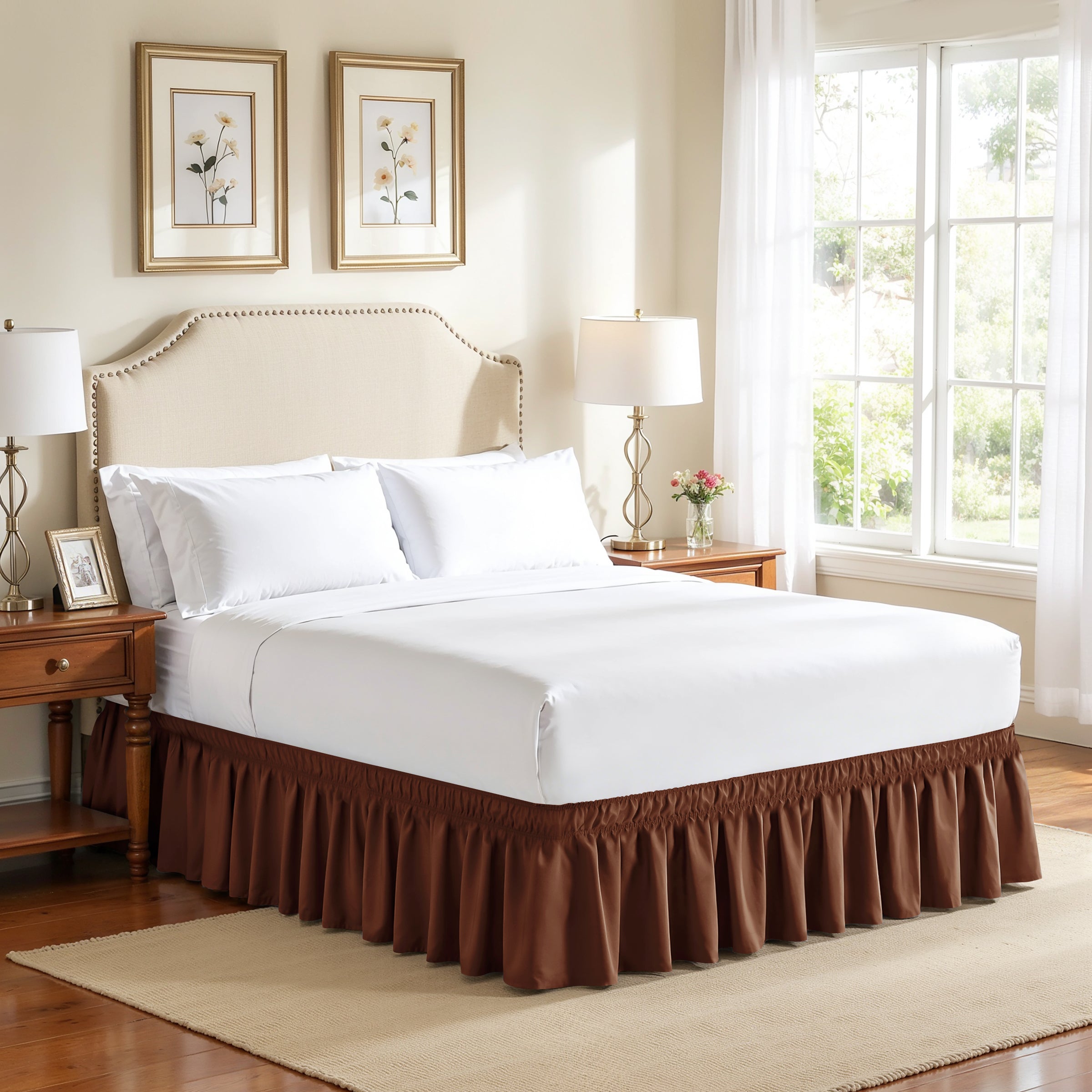 Subrtex Elastic Wrap Around Bed Skirt Dust Ruffle Smooth Soft Bed Frame Cover 15-inch Drop (Queen, Sand)