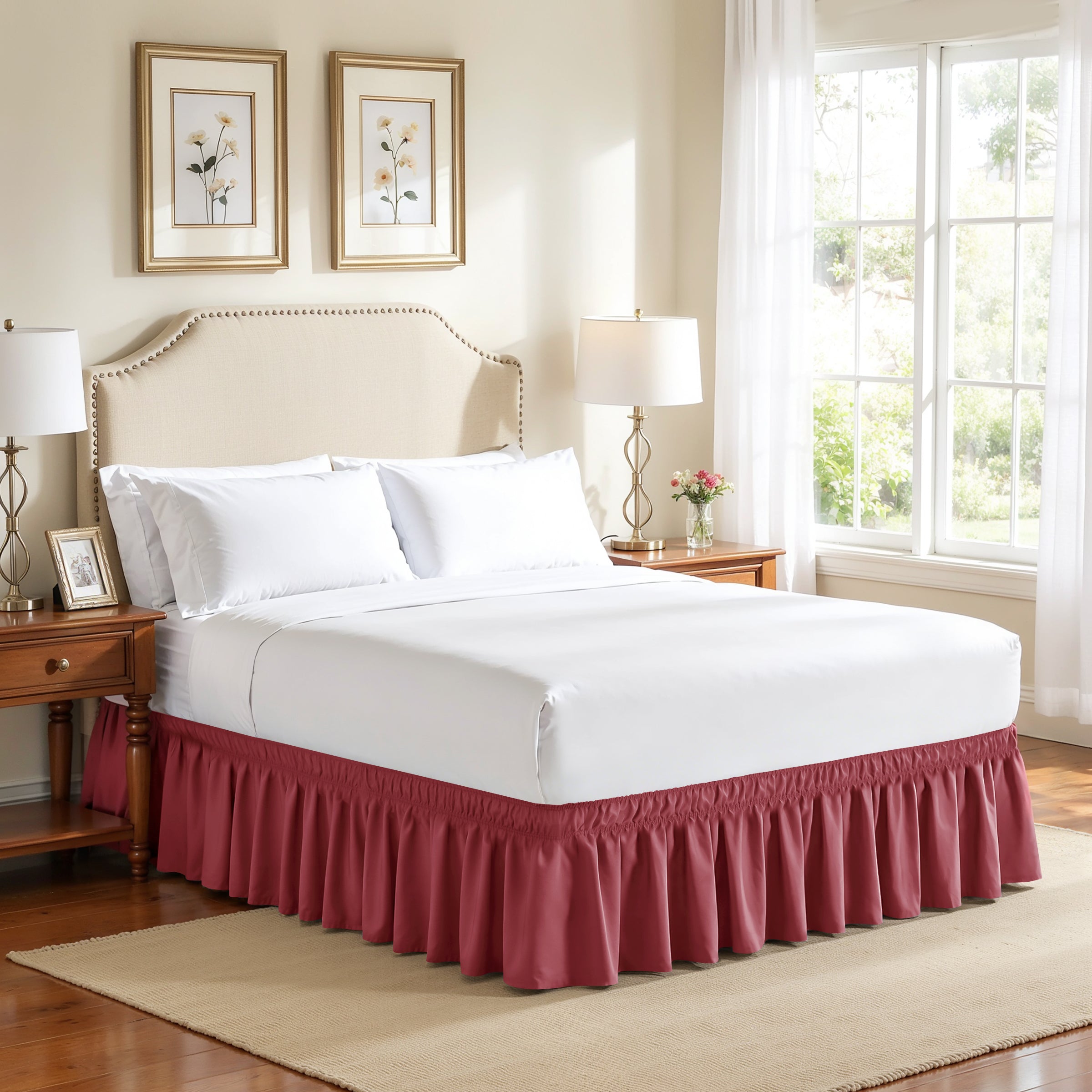 Subrtex Elastic Wrap Around Bed Skirt Dust Ruffle Smooth Soft Bed Frame Cover 15-inch Drop (Queen, Sand)