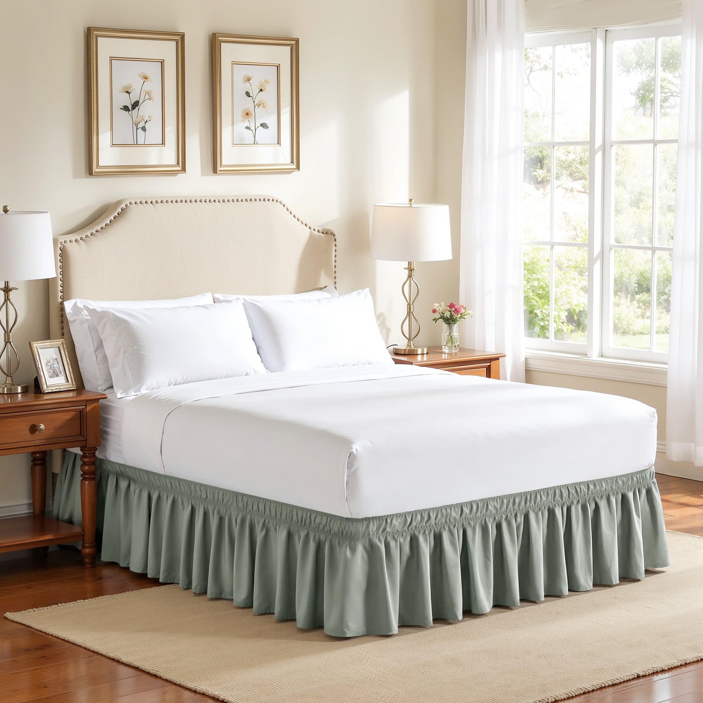 Subrtex Elastic Wrap Around Bed Skirt Dust Ruffle Smooth Soft Bed Frame Cover 15-inch Drop (Queen, Sand)