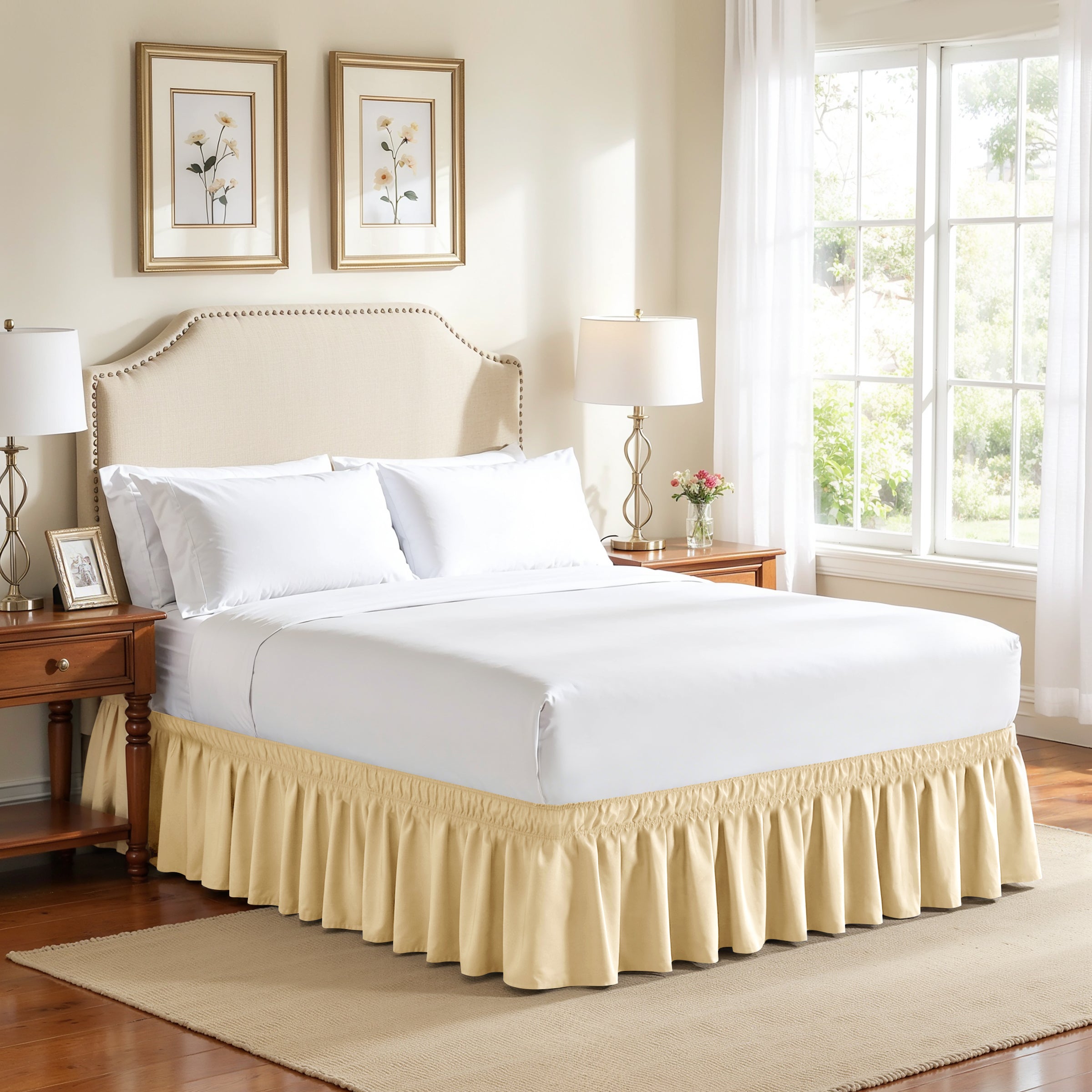 Subrtex Elastic Wrap Around Bed Skirt Dust Ruffle Smooth Soft Bed Frame Cover 15-inch Drop (Queen, Sand)