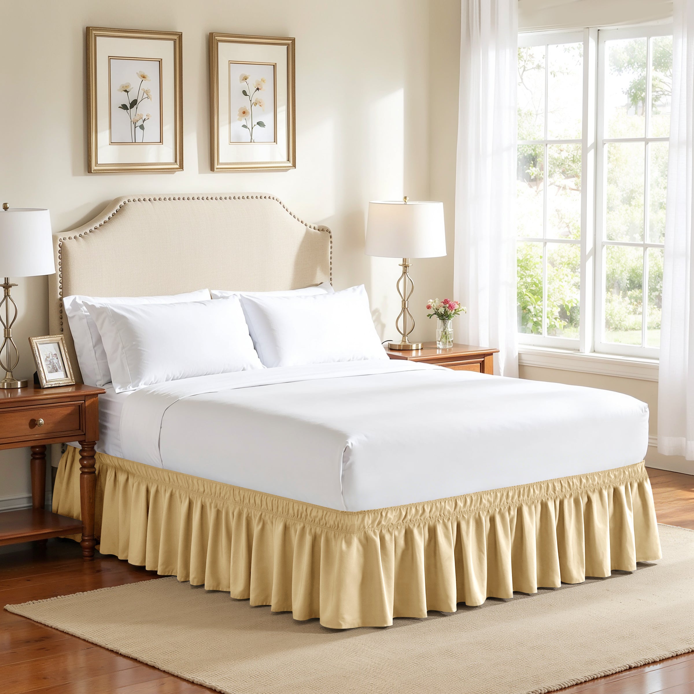 Subrtex Elastic Wrap Around Bed Skirt Dust Ruffle Smooth Soft Bed Frame Cover 15-inch Drop (Queen, Sand)