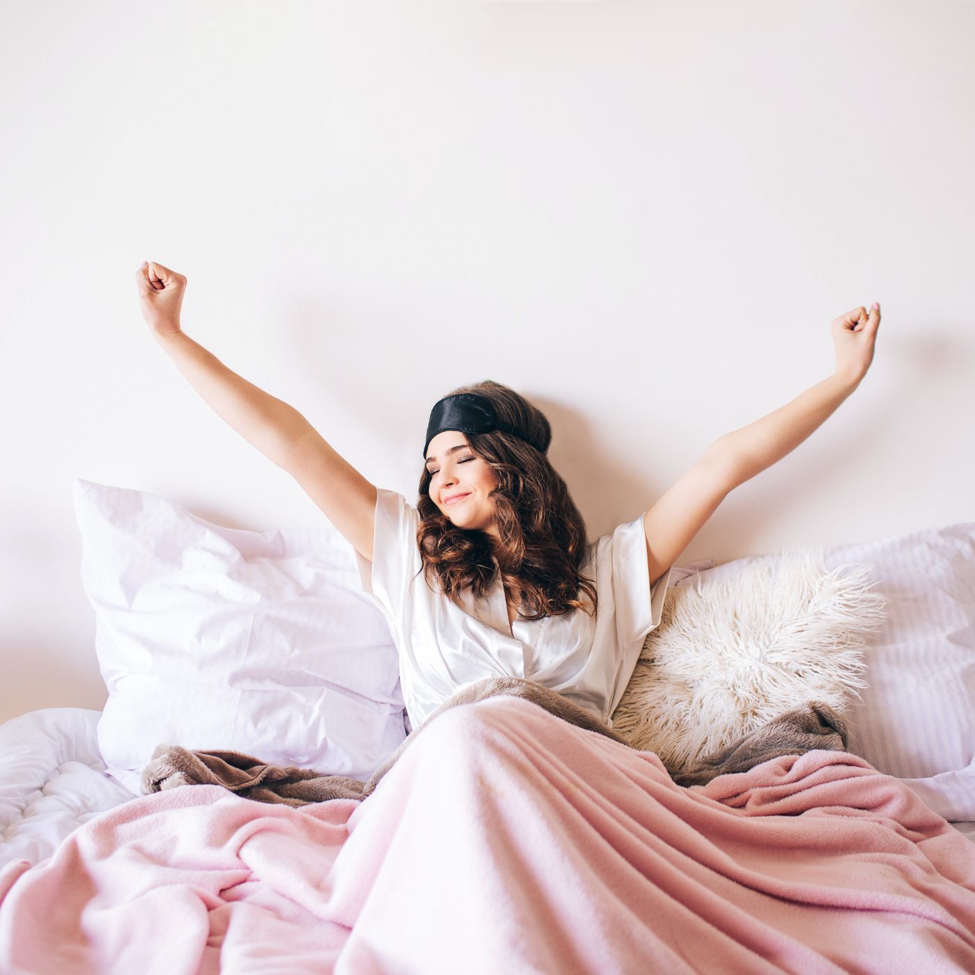 Girl woke up refreshed on pink setup bedroom