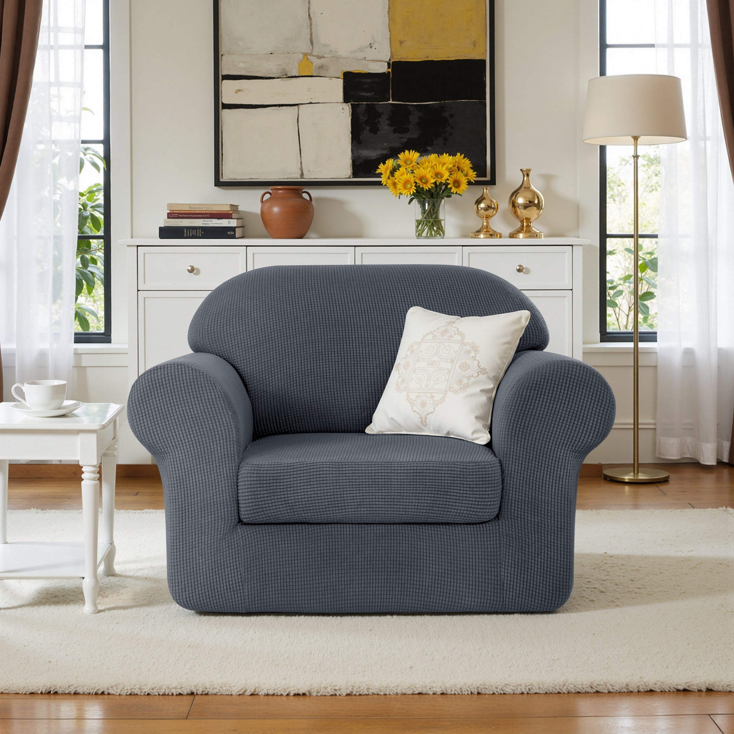 Subrtex Textured Grid Stretch Sofa Cover Couch Slipcover with Separate Cushion Cover