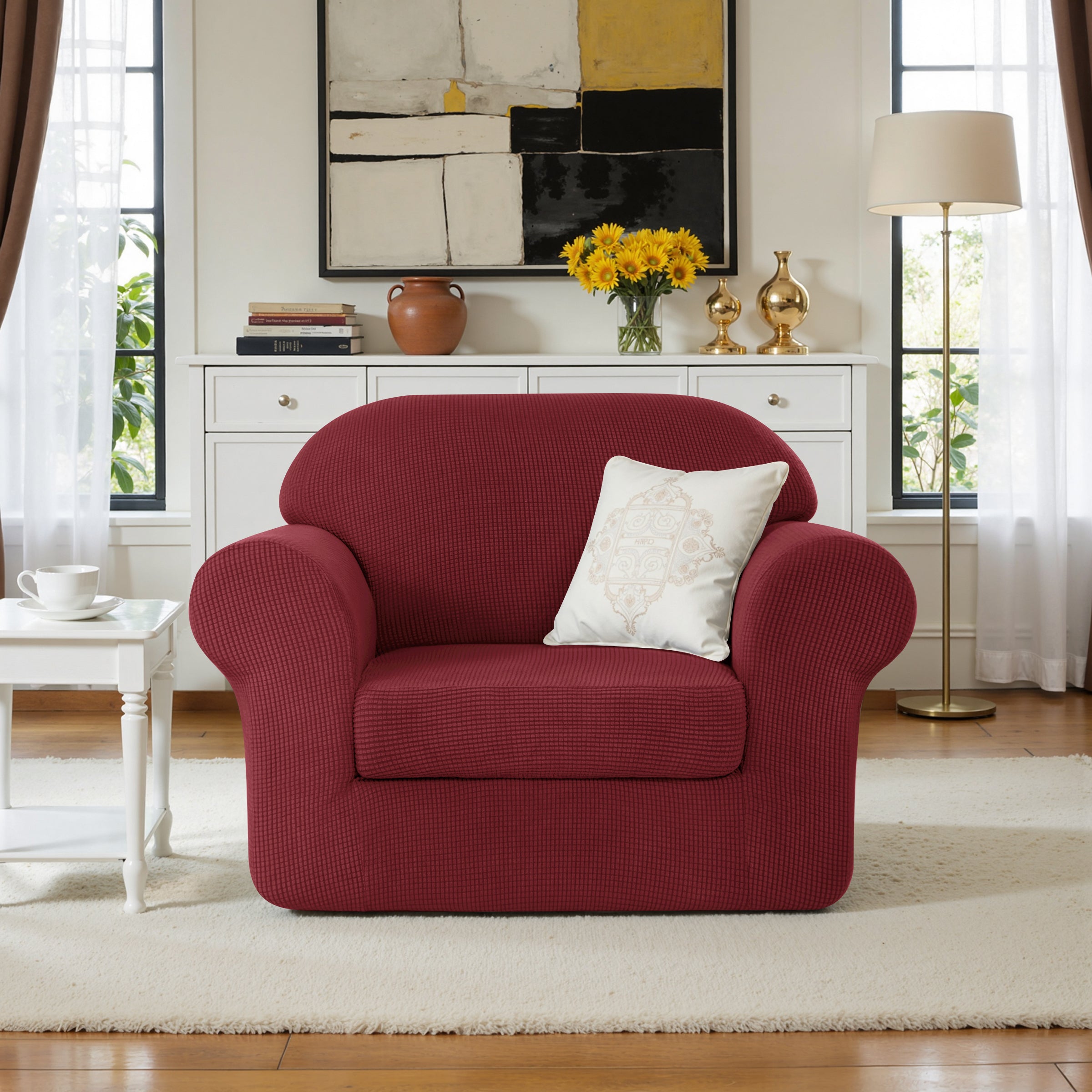 Subrtex Textured Grid Stretch Sofa Cover Couch Slipcover with Separate Cushion Cover