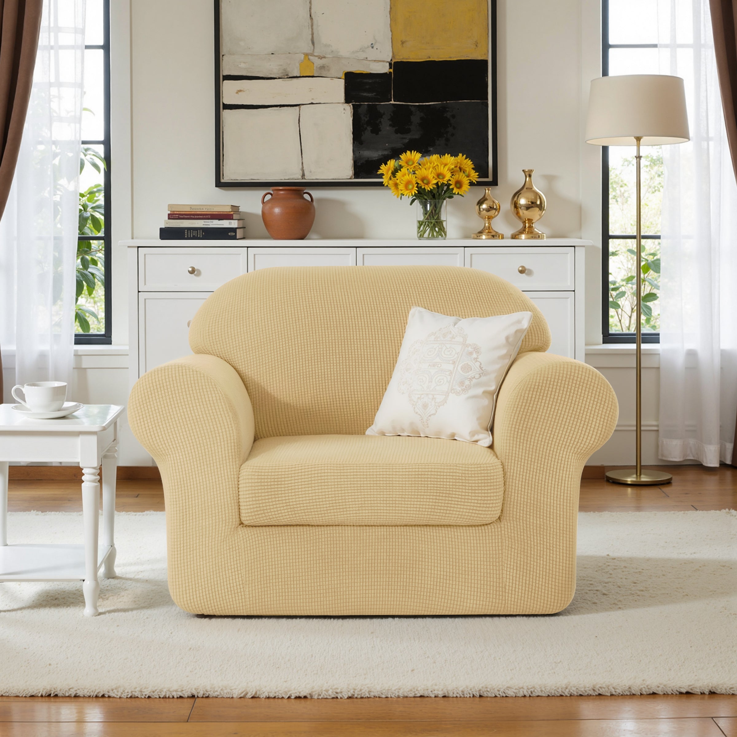 Subrtex Textured Grid Stretch Sofa Cover Couch Slipcover with Separate Cushion Cover
