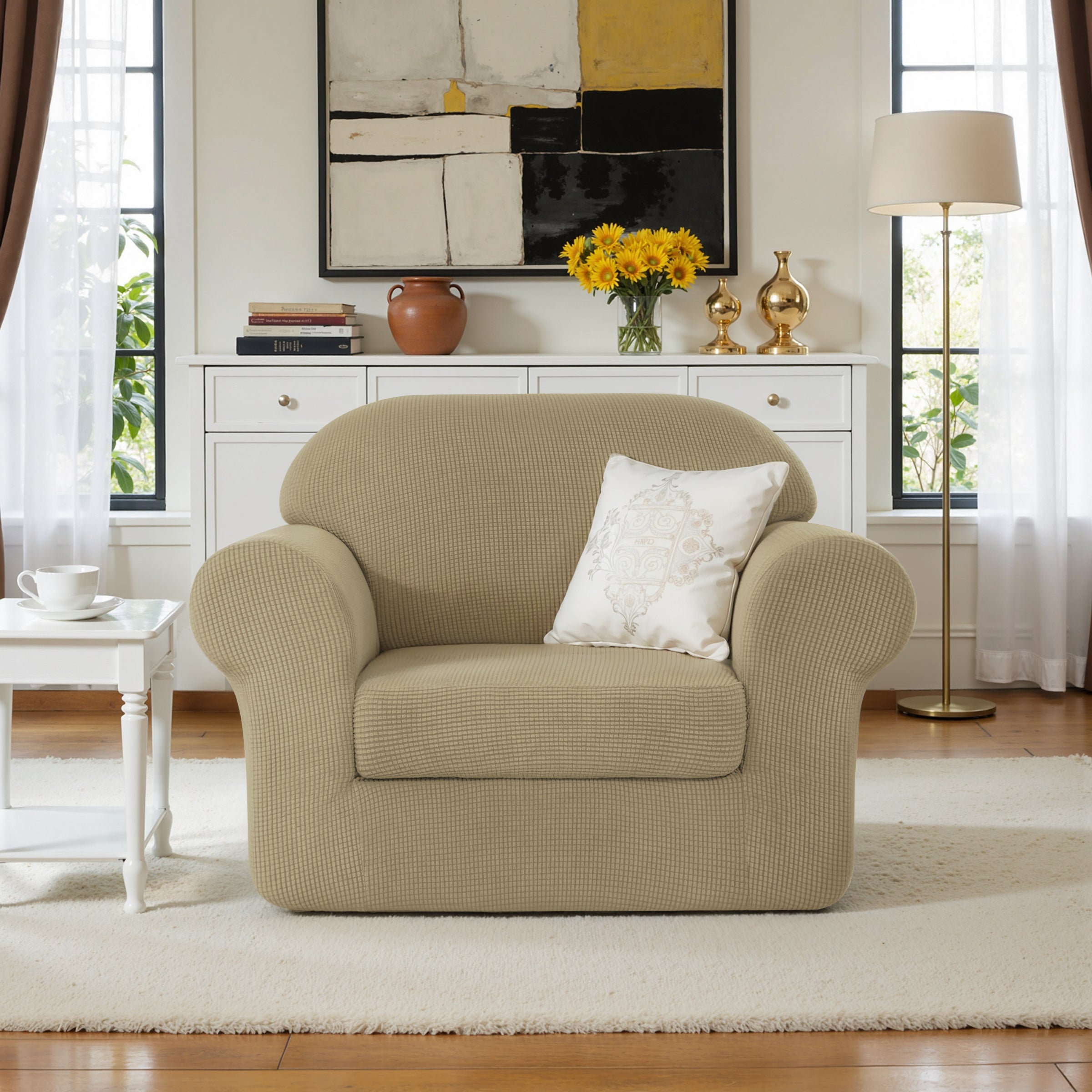 Subrtex Textured Grid Stretch Sofa Cover Couch Slipcover with Separate Cushion Cover