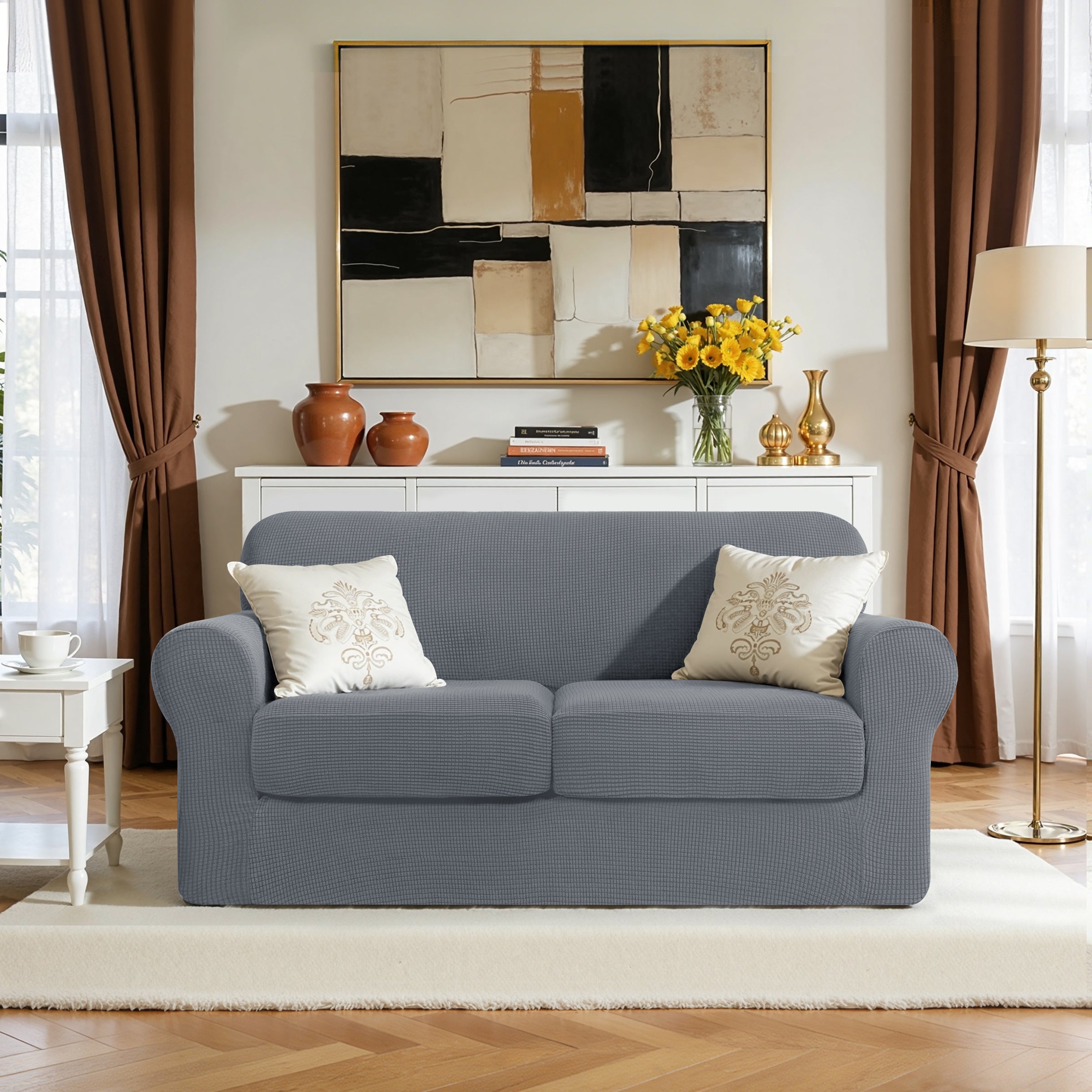 Subrtex Textured Grid Stretch Sofa Cover Couch Slipcover with Separate Cushion Cover