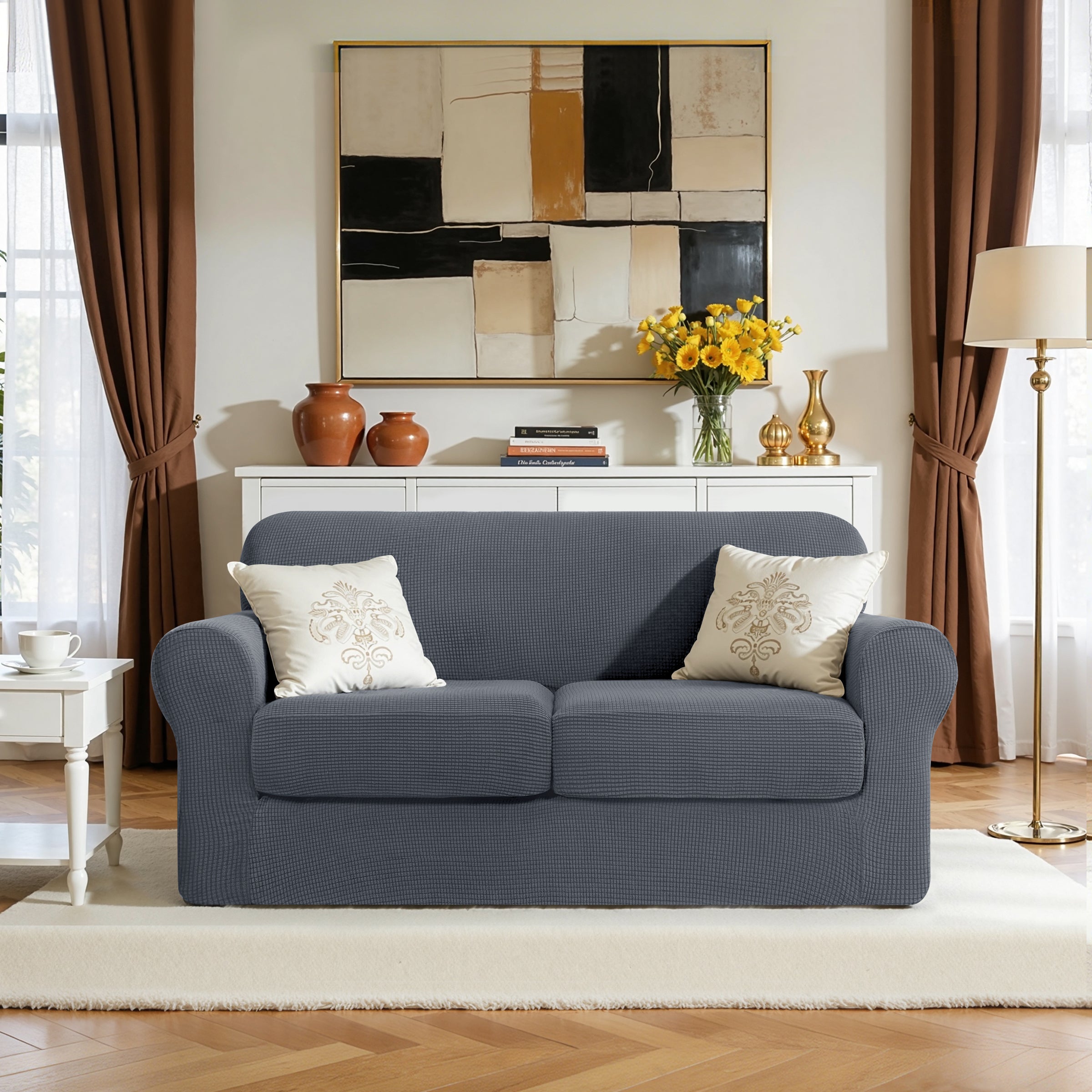 Subrtex Textured Grid Stretch Sofa Cover Couch Slipcover with Separate Cushion Cover