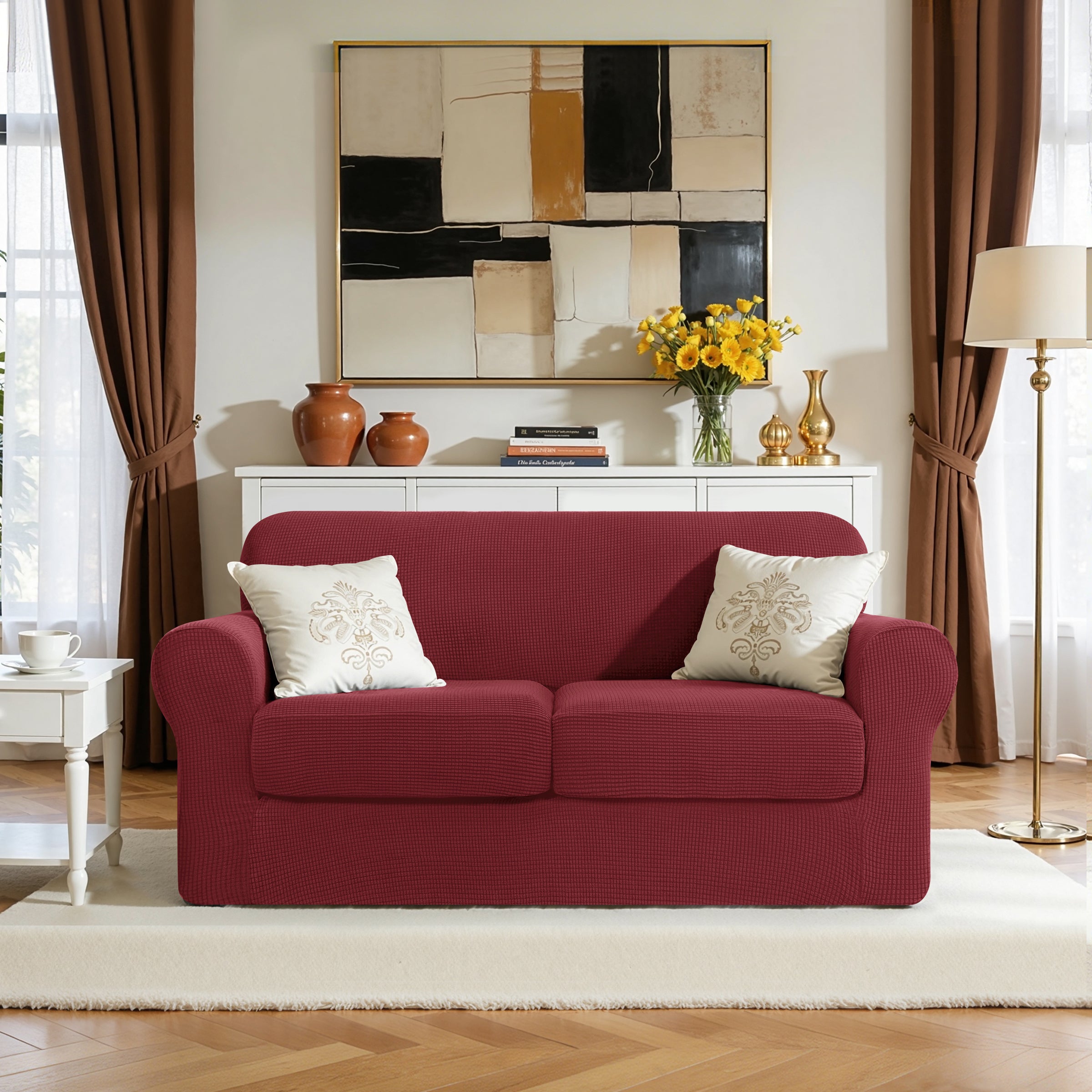 Subrtex Textured Grid Stretch Sofa Cover Couch Slipcover with Separate Cushion Cover