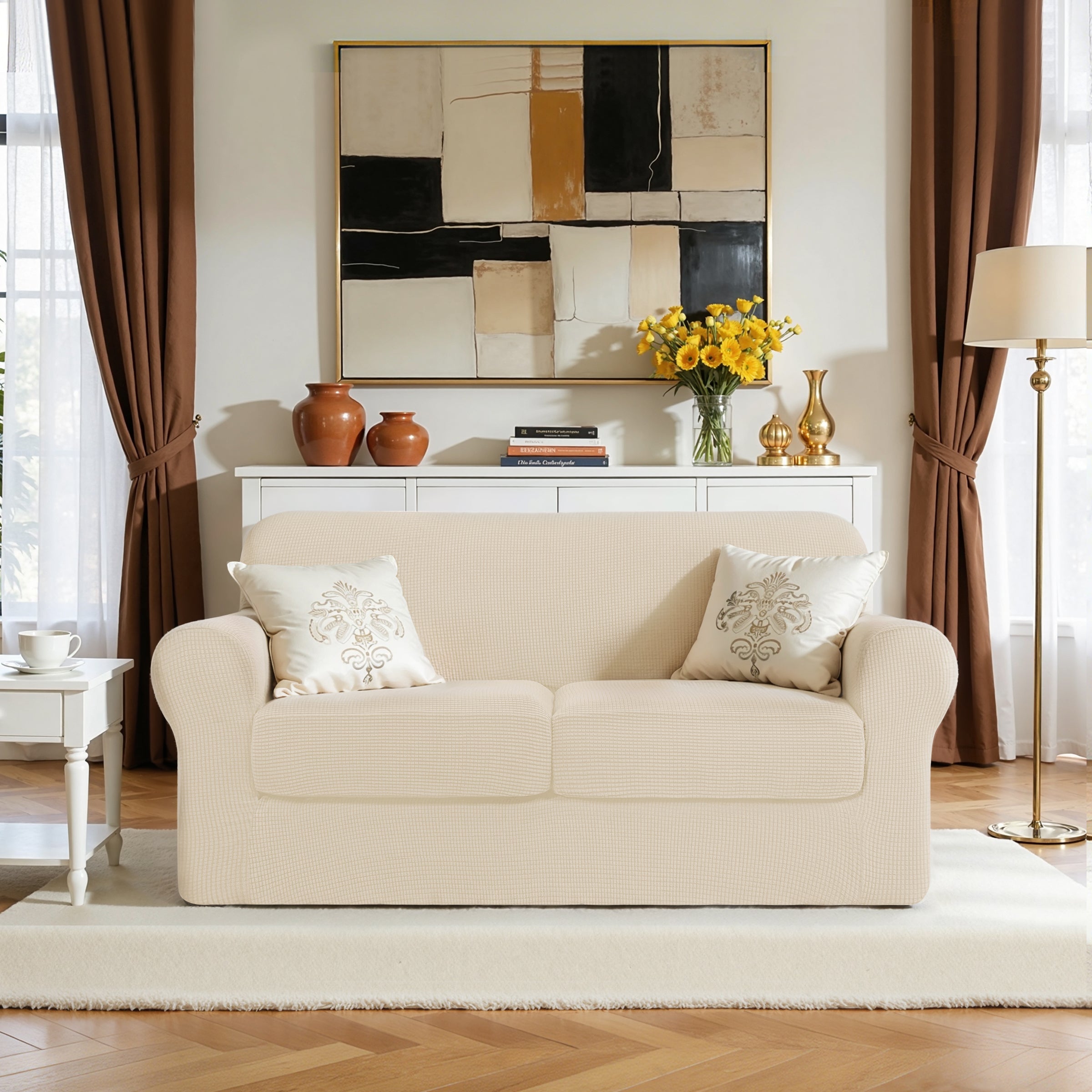 Subrtex Textured Grid Stretch Sofa Cover Couch Slipcover with Separate Cushion Cover