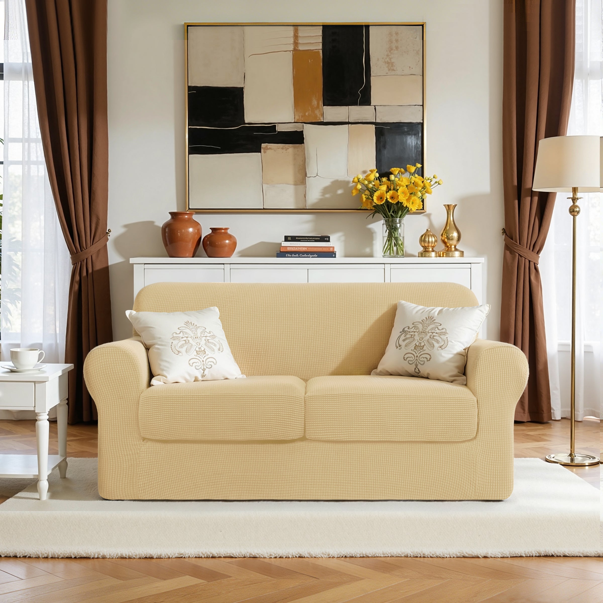 Subrtex Textured Grid Stretch Sofa Cover Couch Slipcover with Separate Cushion Cover