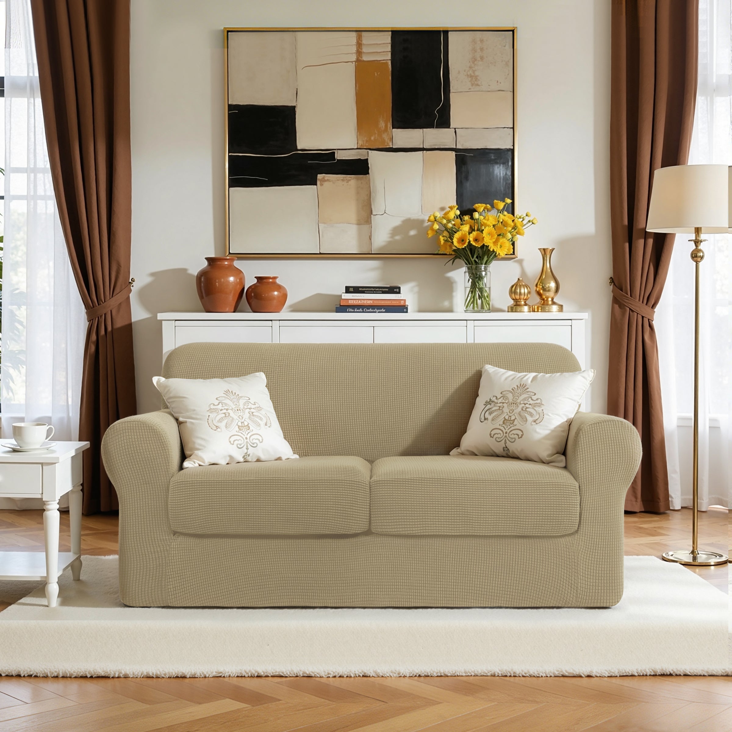 Subrtex Textured Grid Stretch Sofa Cover Couch Slipcover with Separate Cushion Cover
