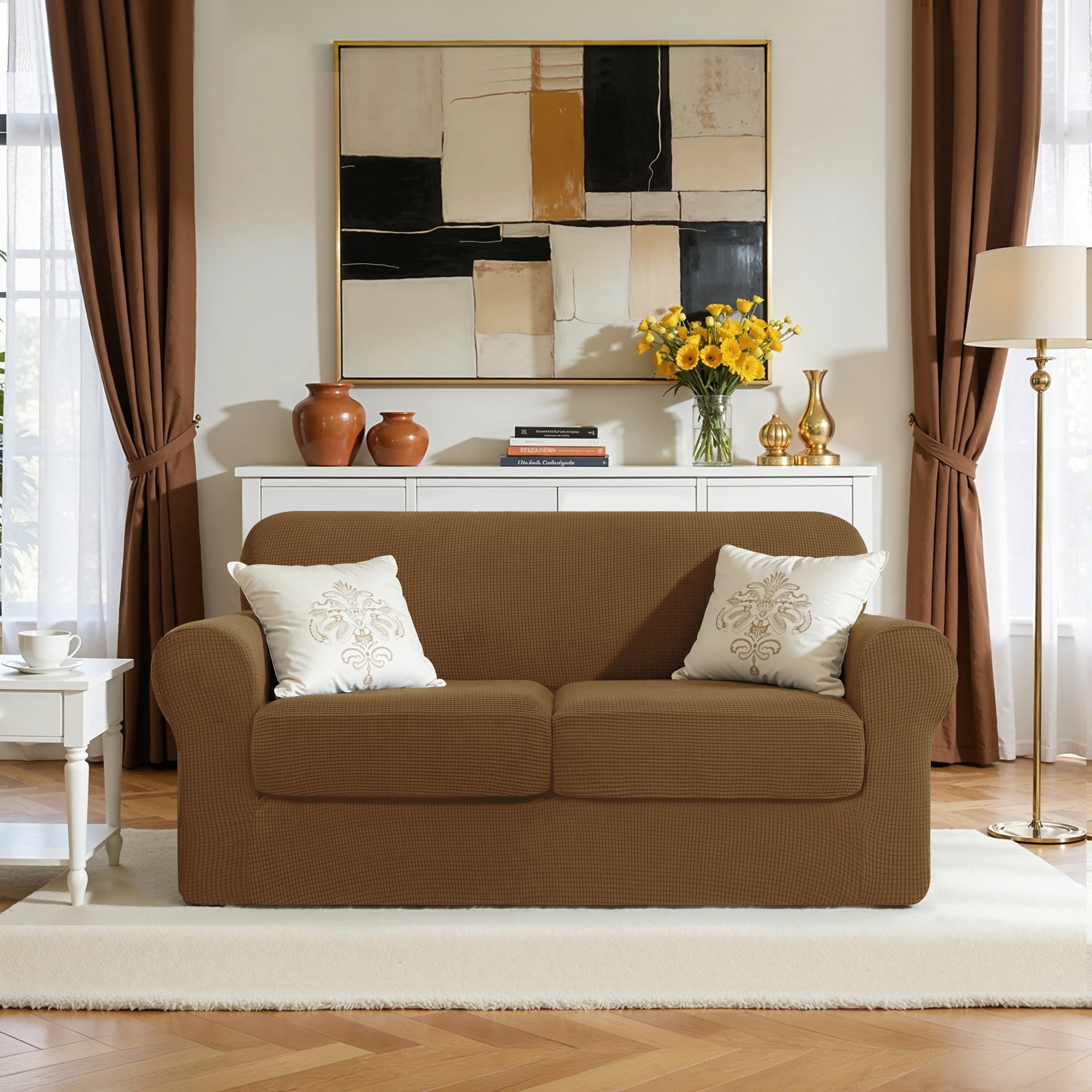 Subrtex Textured Grid Stretch Sofa Cover Couch Slipcover with Separate Cushion Cover