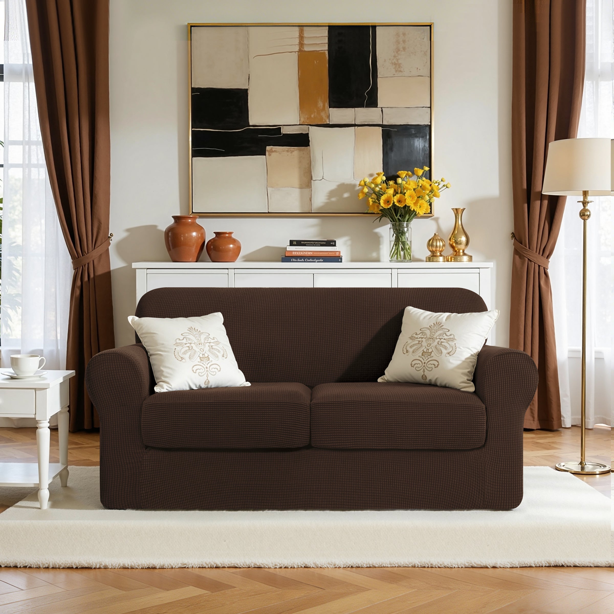 Subrtex Textured Grid Stretch Sofa Cover Couch Slipcover with Separate Cushion Cover