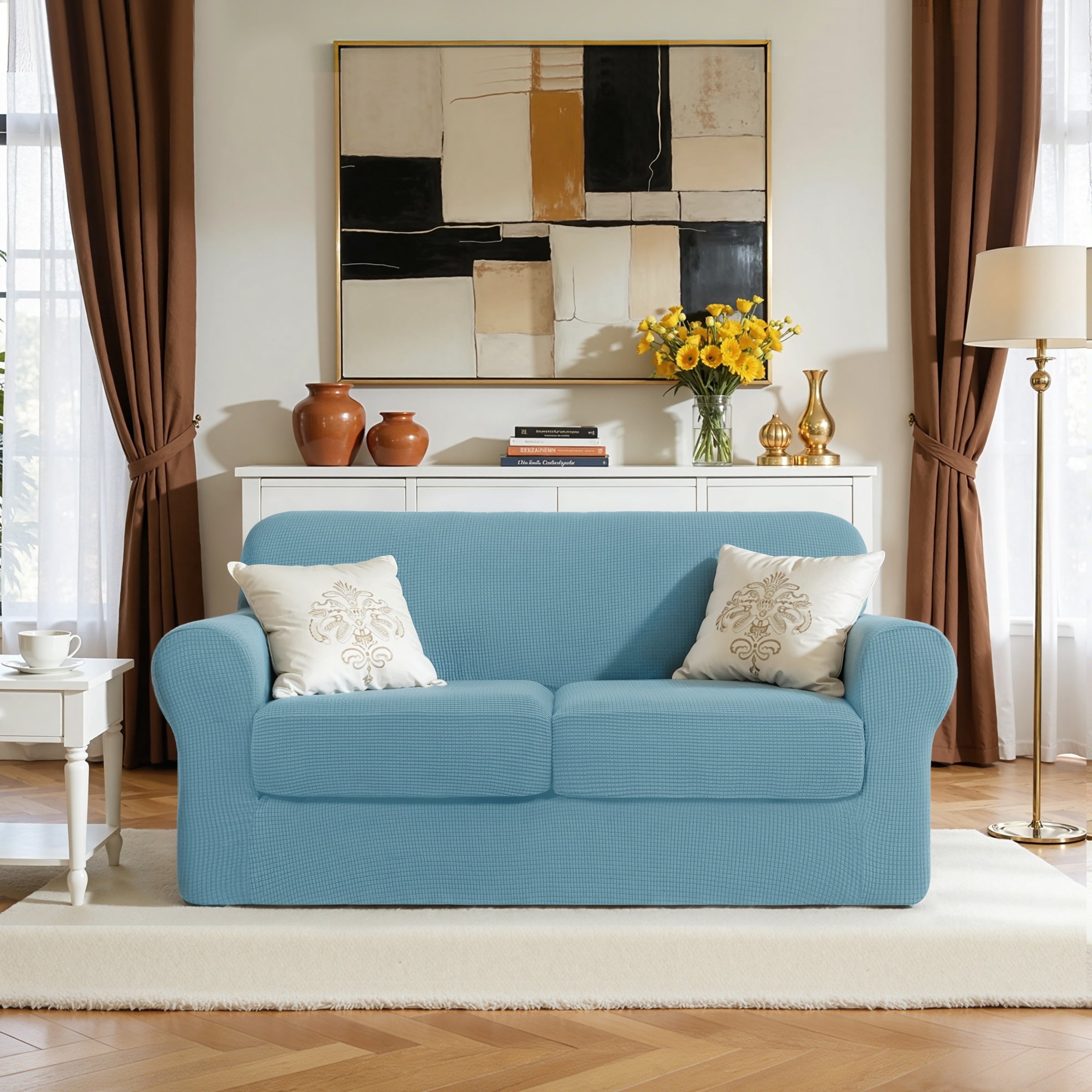 Subrtex Textured Grid Stretch Sofa Cover Couch Slipcover with Separate Cushion Cover