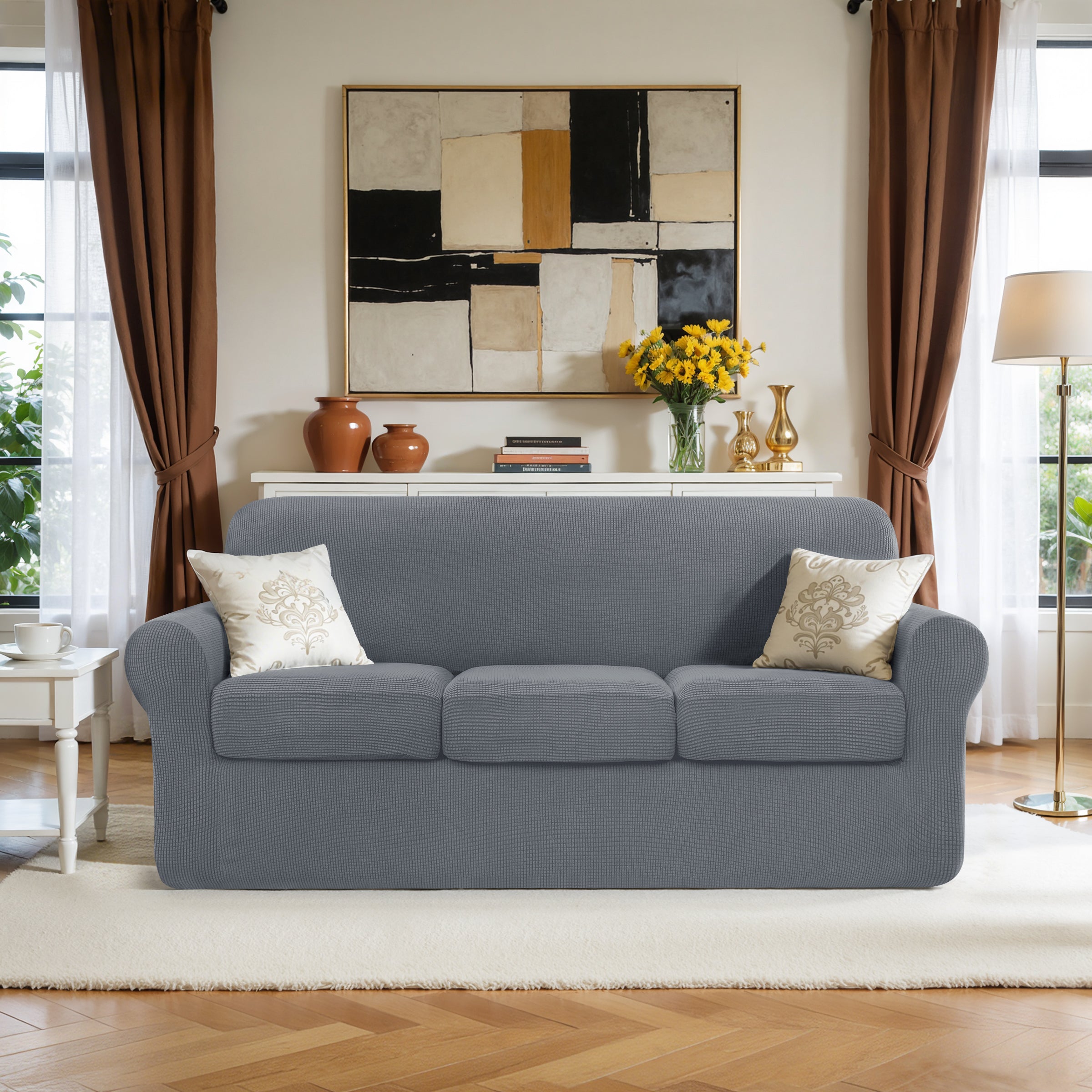 Subrtex Textured Grid Stretch Sofa Cover Couch Slipcover with Separate Cushion Cover