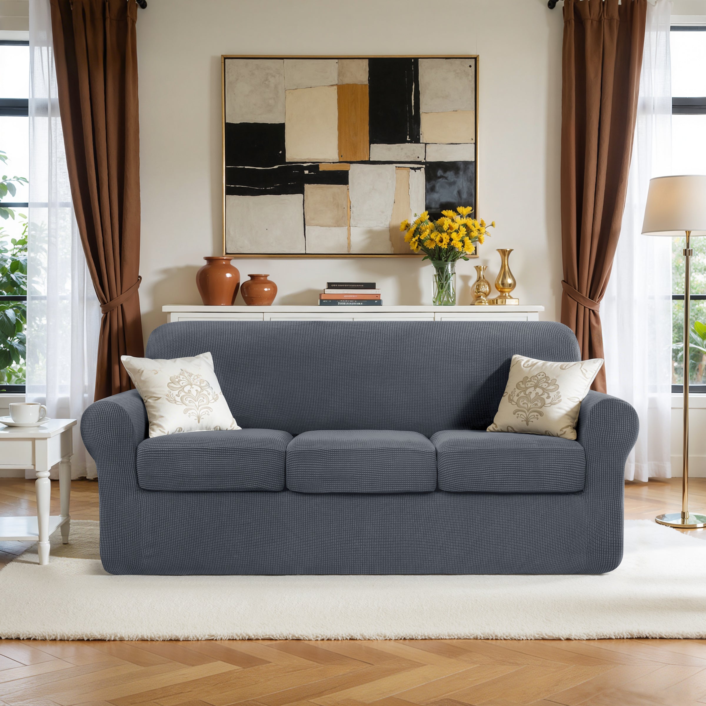 Subrtex Textured Grid Stretch Sofa Cover Couch Slipcover with Separate Cushion Cover