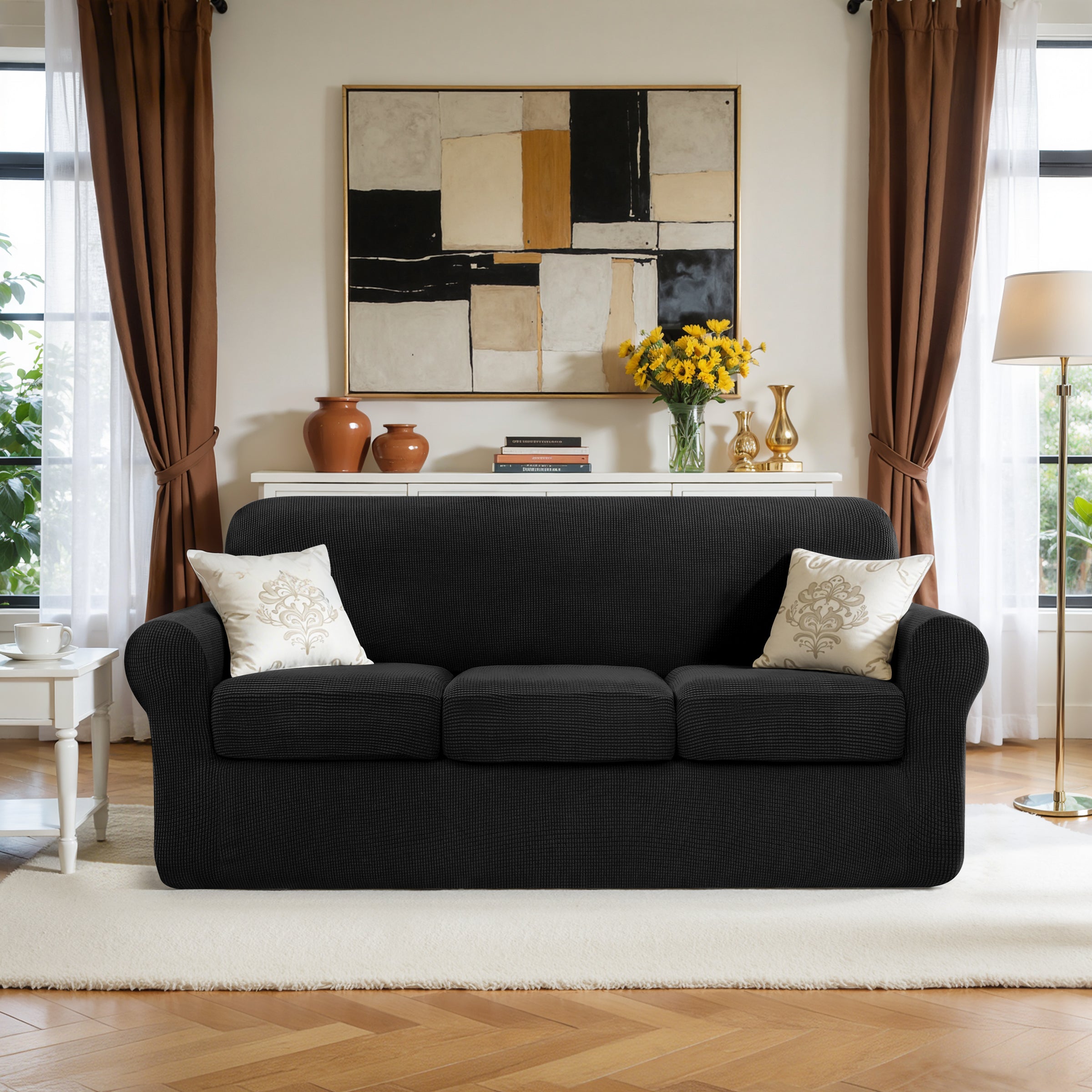 Subrtex Textured Grid Stretch Sofa Cover Couch Slipcover with Separate Cushion Cover