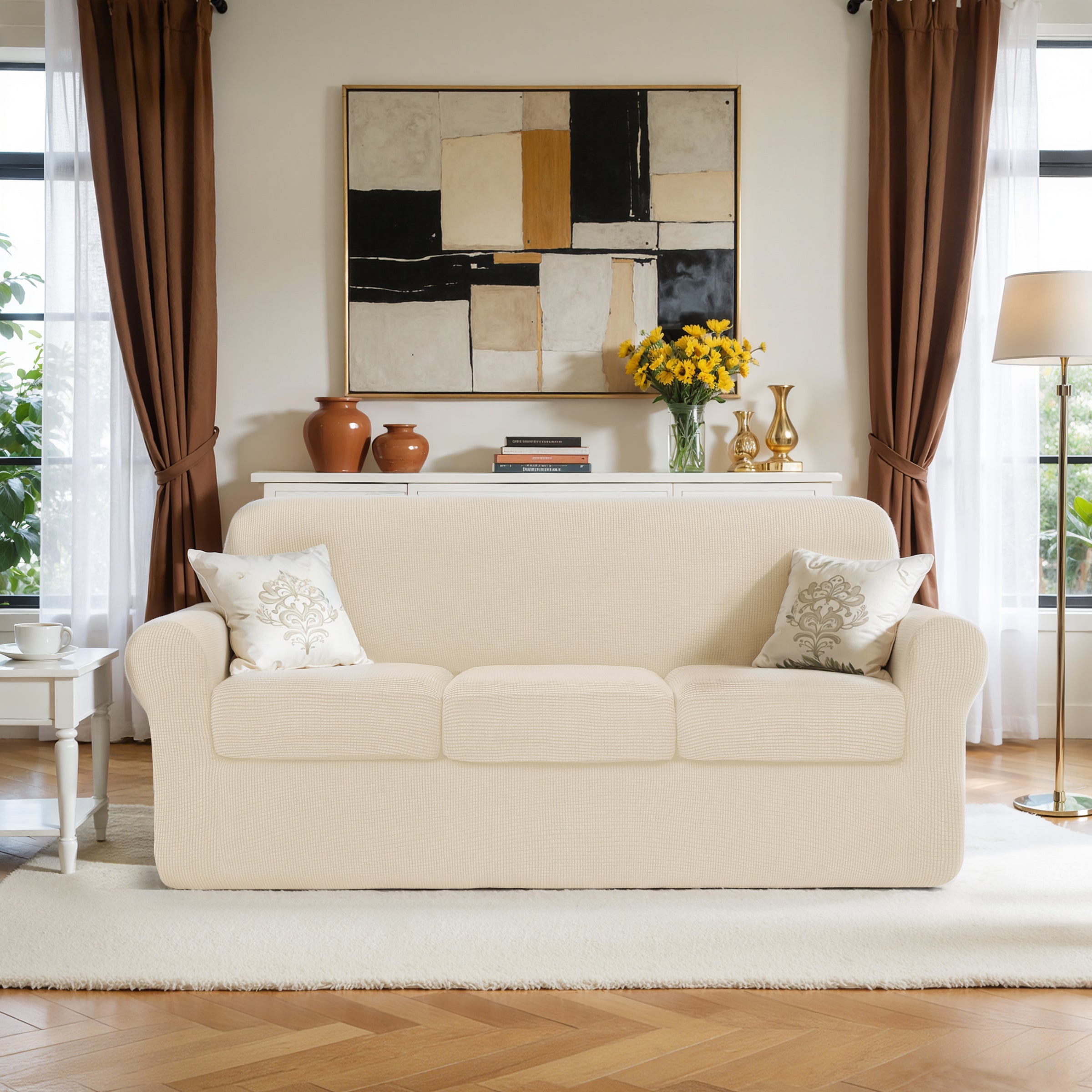 Subrtex Textured Grid Stretch Sofa Cover Couch Slipcover with Separate Cushion Cover
