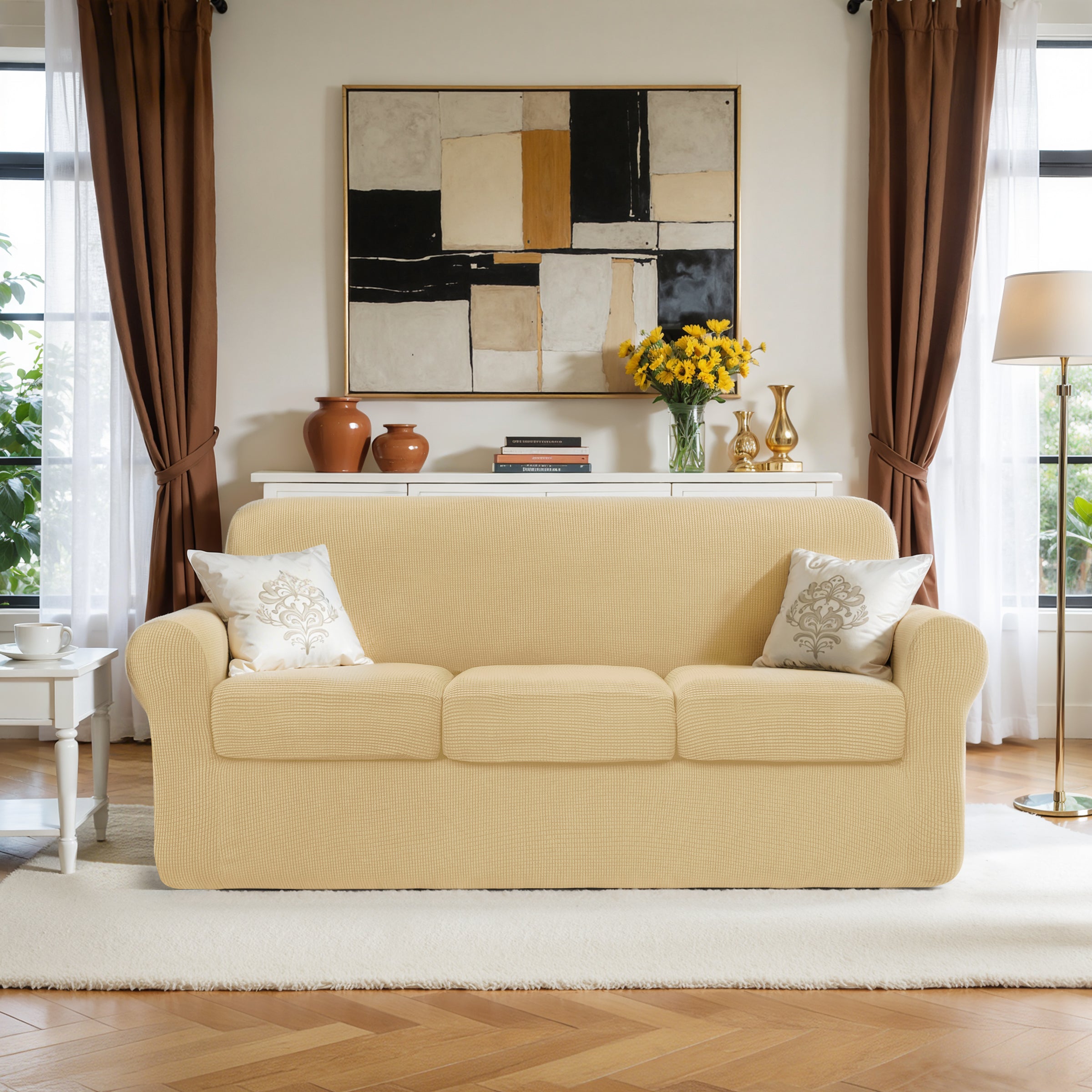 Subrtex Textured Grid Stretch Sofa Cover Couch Slipcover with Separate Cushion Cover