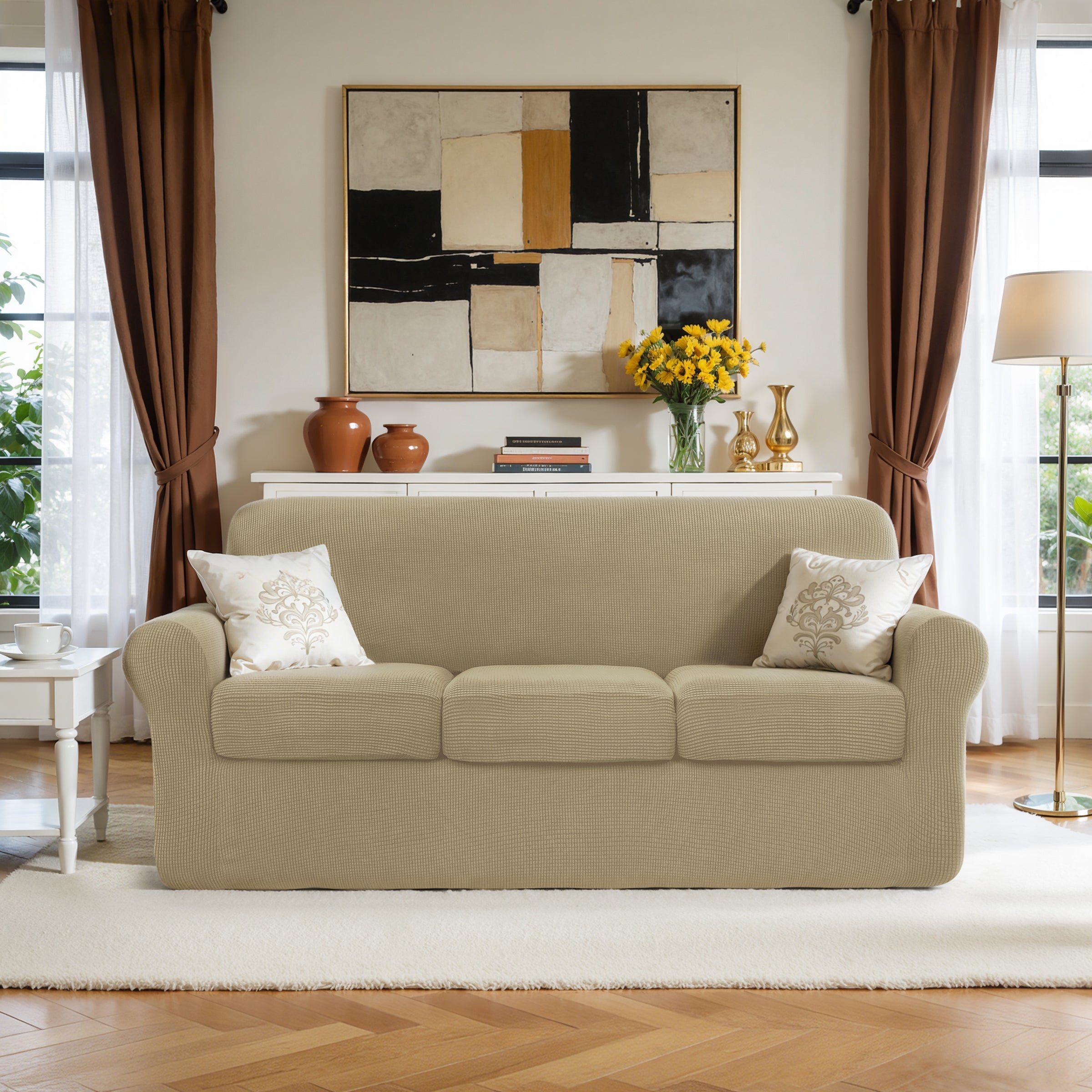 Subrtex Textured Grid Stretch Sofa Cover Couch Slipcover with Separate Cushion Cover