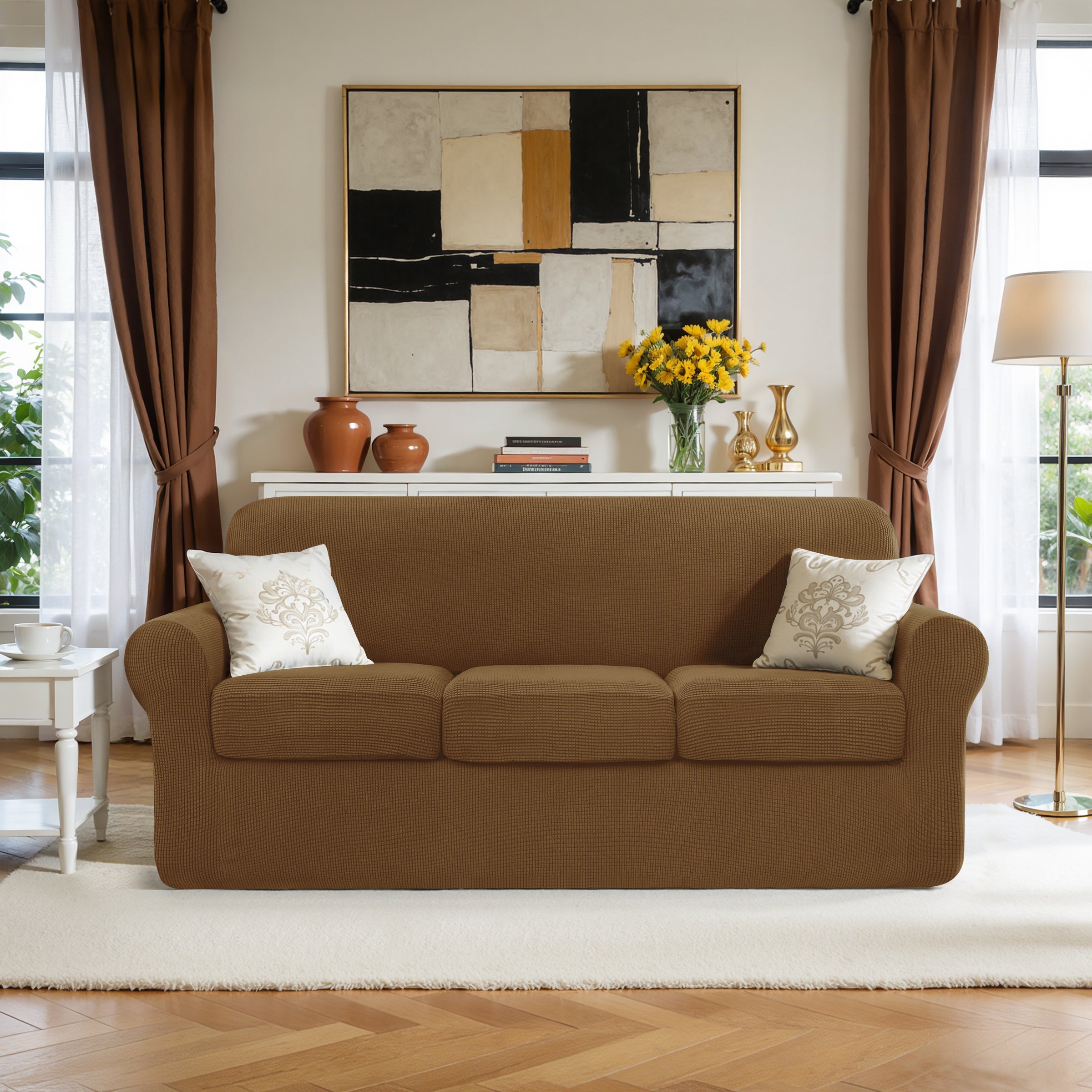 Subrtex Textured Grid Stretch Sofa Cover Couch Slipcover with Separate Cushion Cover