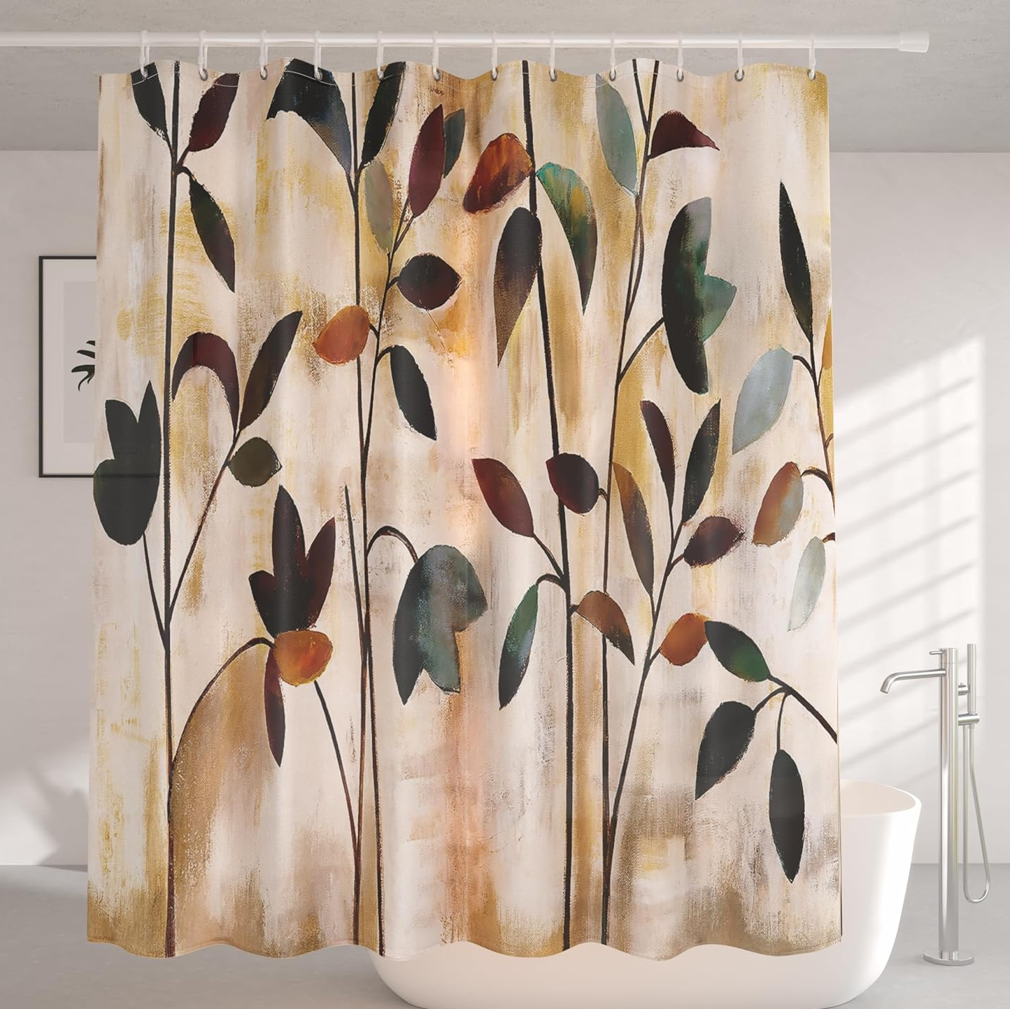 Subtex Waterproof Shower Curtain Printed Leaves Design, Includes 10 Plastic Hooks